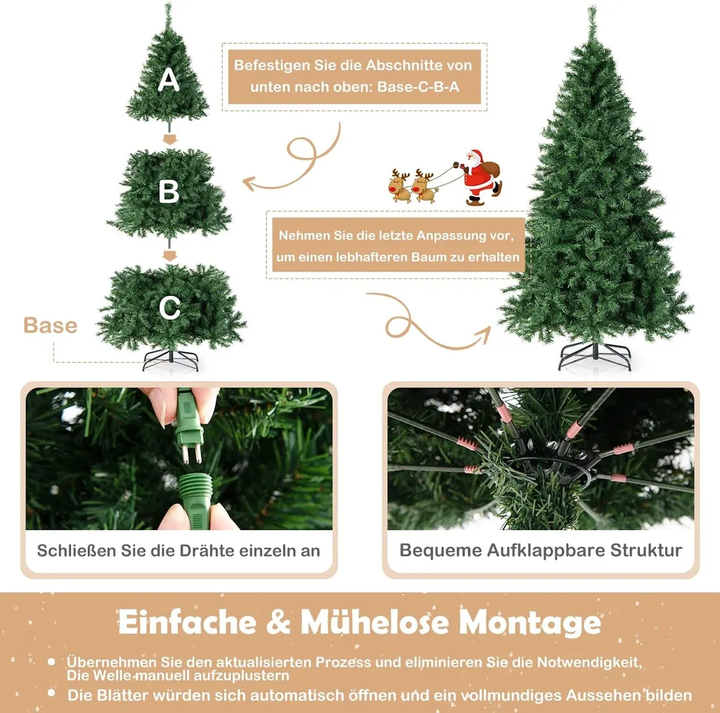 COSTWAY 180cm Künstlicher Weihnachtsbaum, Beleuchteter Tannenbaum Mit Farbigen LEDs & Metallständer, Klappbarer Kunstbaum Beleuchtung, Christbaum Für Weihnachten Büro Zuhause, PVC, Grün – Bild 6