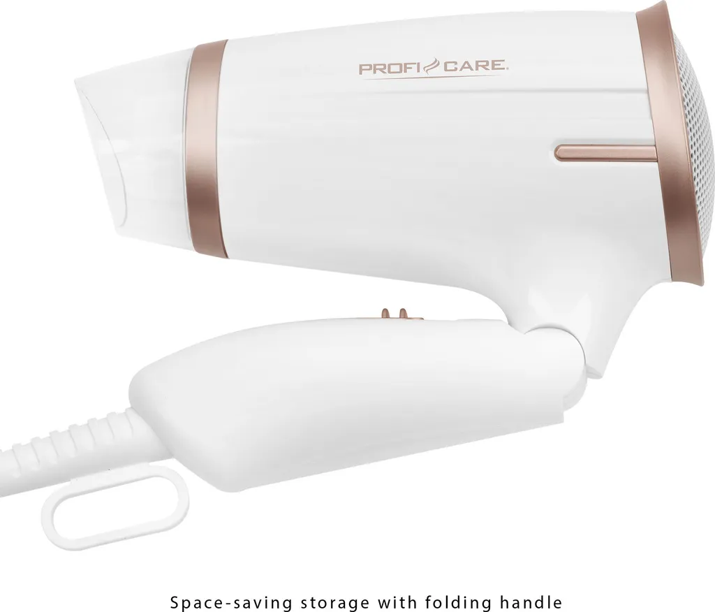 ProfiCare PC-HT 3009 Kompakter Haartrockner, Platzsparende Aufbewahrung Durch Klappgriff, 2 Temperatur-/Leistungsstufen, Weiß-bronze – Bild 2
