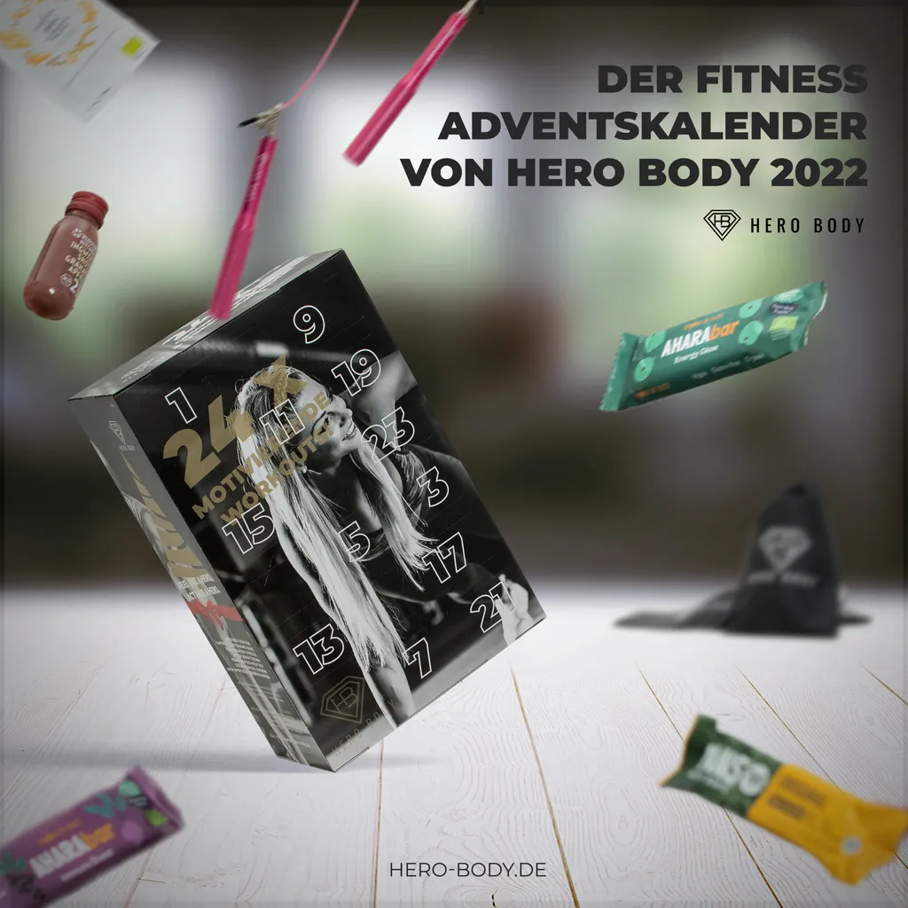 Fitness Adventskalender HERO BODY Proteinreiche Snacks, Fitness Tools, 24x Video Workouts – Bild 7