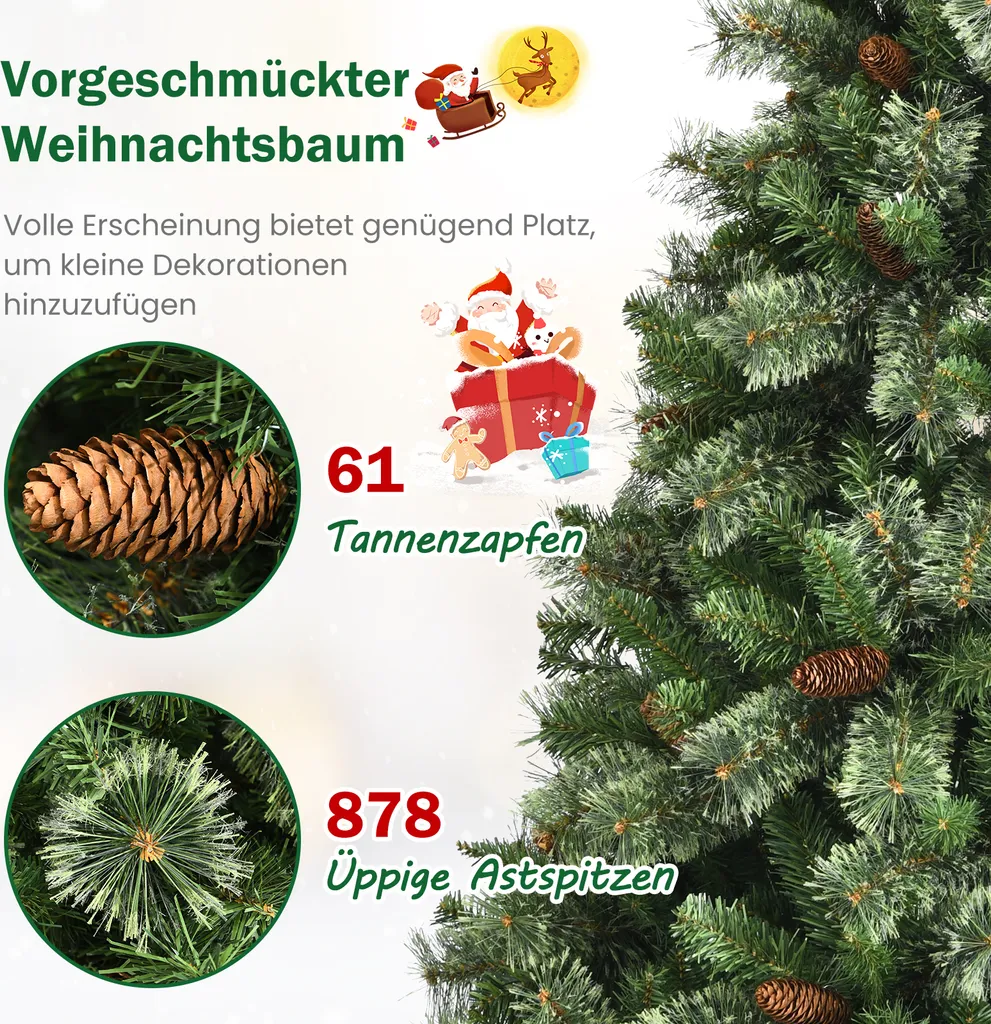 COSTWAY 180cm Weihnachtsbaum Künstlich, Christbaum Mit Metallständer & 61 Tannenzapfen & 878 Spitzen, Tannenbaum Schnellaufbau Klappsystem, Für Zuhause, Büro & Außenbereich, PVC, Grün – Bild 3