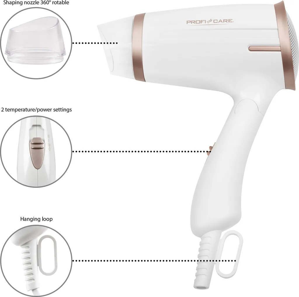 ProfiCare PC-HT 3009 Kompakter Haartrockner, Platzsparende Aufbewahrung Durch Klappgriff, 2 Temperatur-/Leistungsstufen, Weiß-bronze – Bild 4