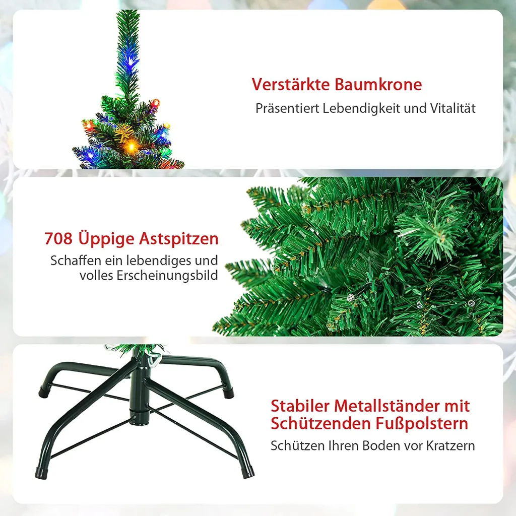COSTWAY 200cm Bleistift Weihnachtsbaum Mit Mehrfarbigen LED-Leuchten, Künstlicher Tannenbaum Mit Klappsystem Und Metallständer, Christbaum PVC Nadeln, Kunstbaum Weihnachten Grün – Bild 6