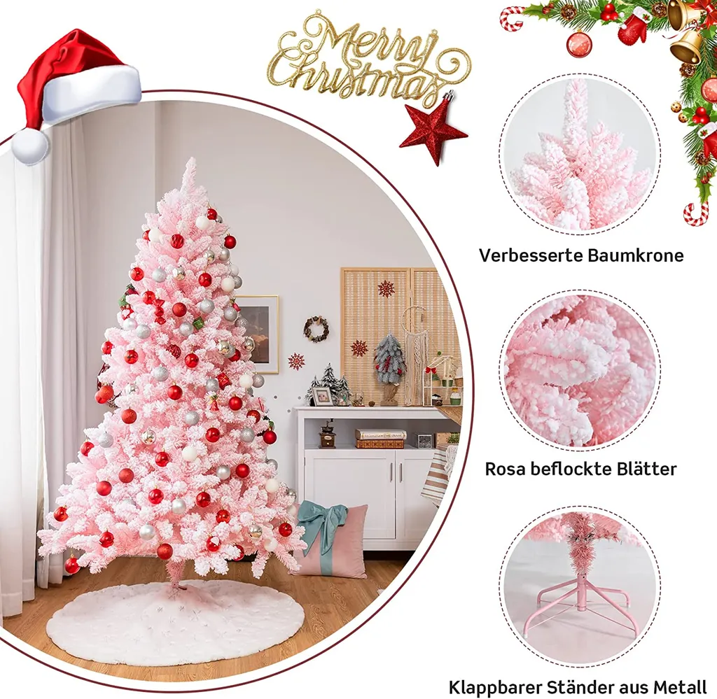 COSTWAY 180cm Verschneiter Weihnachtsbaum Rosa, Künstlicher Weihnachtsbaum Mit 920 Zweigen, Metallständer, Kiefernbaum Für Zuhause, Büro, Einkaufszentrum – Bild 2