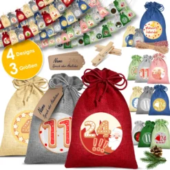 KESSER® Adventskalender Zum Befüllen 24 Jutebeutel Gedruckte Stoffbeutel Kinder Weihnachtskalender Zum Selber Befüllen Inkl.. 24x Schildchen + 1 Großer Aufbewahrungsbeutel Stoff, Farbe:Rot, Größe:20x12cm