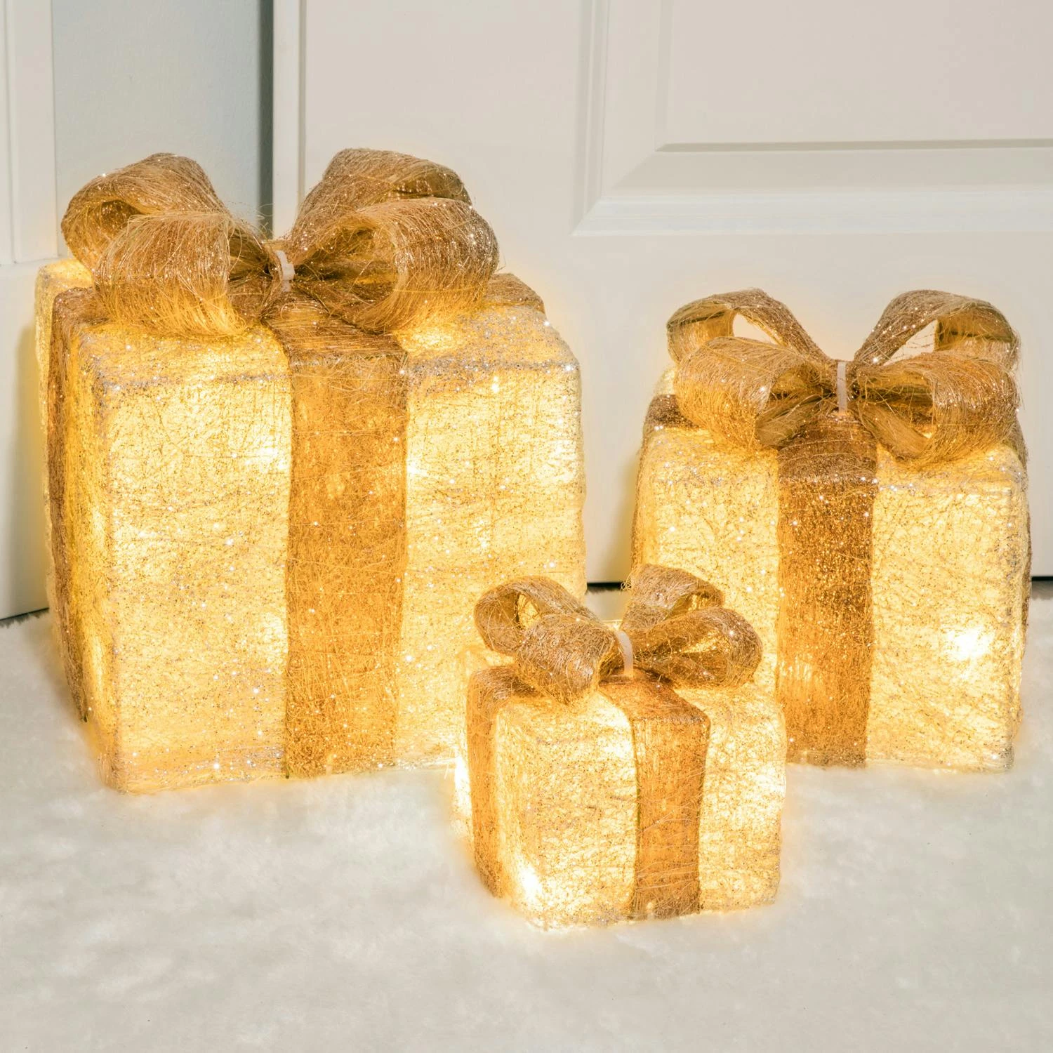 LED Geschenkboxen Beleuchtet Schleife Weihnachtsdeko 40LED Timer Creme/gold 3St. – Bild 7