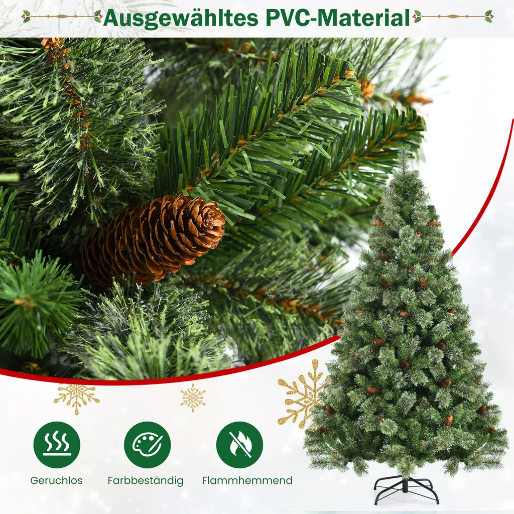COSTWAY 180cm Weihnachtsbaum Künstlich, Christbaum Mit Metallständer & 61 Tannenzapfen & 878 Spitzen, Tannenbaum Schnellaufbau Klappsystem, Für Zuhause, Büro & Außenbereich, PVC, Grün – Bild 4