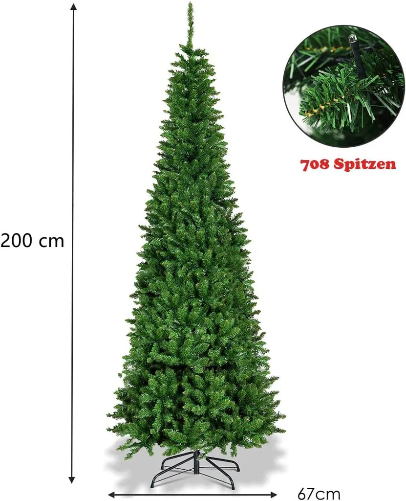COSTWAY 200cm Bleistift Weihnachtsbaum Mit Mehrfarbigen LED-Leuchten, Künstlicher Tannenbaum Mit Klappsystem Und Metallständer, Christbaum PVC Nadeln, Kunstbaum Weihnachten Grün – Bild 5